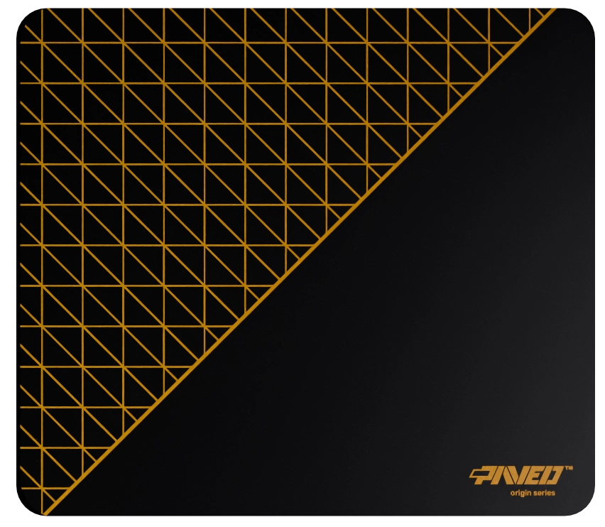 Medium PAVED™ Origins Night Desert Net Runner gaming mousepad featuring minimalistic dense geometric net pattern in deep yellow and black, 360mm x 320mm, available in right-handed and left-handed variants, customizable water-resistant hydrophobic or antimicrobial polyester surface with easy-to-clean finish and odour-free AreoFlex microruber base, 600% lighter than traditional mousepads.