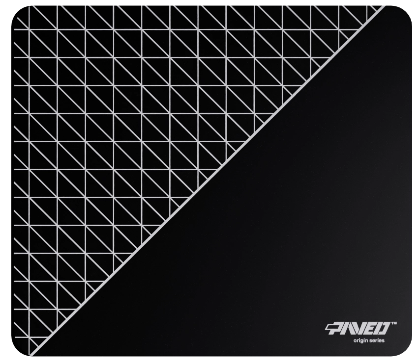 Medium PAVED™ Origins Night Net Runner gaming mousepad featuring minimalistic dense geometric net pattern in white and black, 360mm x 320mm, available in right-handed and left-handed variants, customizable water-resistant hydrophobic or antimicrobial polyester surface with easy-to-clean finish and odour-free AreoFlex microruber base, 600% lighter than traditional mousepads.