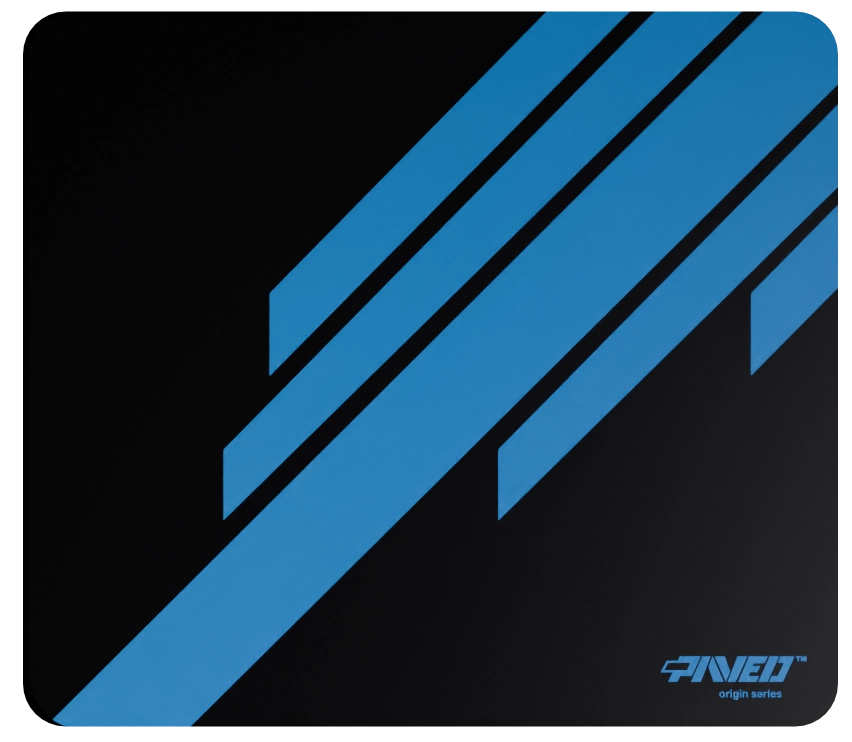 Medium PAVED™ Origins Night Sky Blade Runner gaming mousepad featuring minimalistic diagonal stripe design in blue and black, 360mm x 320mm, available in right-handed and left-handed variants, customizable water-resistant hydrophobic or antimicrobial polyester surface with easy-to-clean finish and odour-free AreoFlex microruber base, 600% lighter than traditional mousepads.