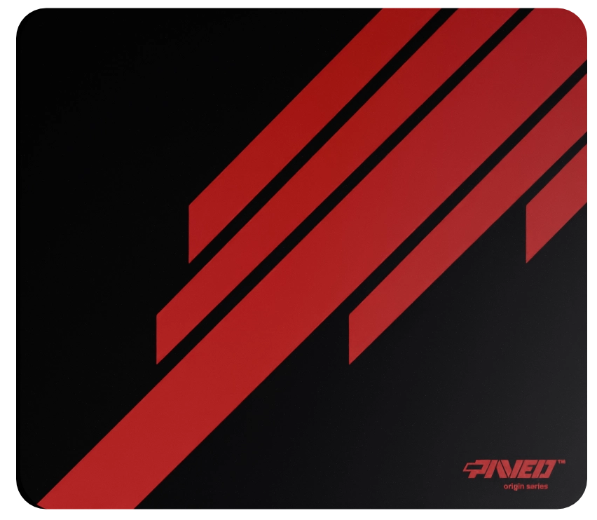 Medium PAVED™ Origins Night Imperial Blade Runner gaming mousepad featuring minimalistic diagonal stripe design in red and black, 360mm x 320mm, available in right-handed and left-handed variants, customizable water-resistant hydrophobic or antimicrobial polyester surface with easy-to-clean finish and odour-free AreoFlex microruber base, 600% lighter than traditional mousepads.