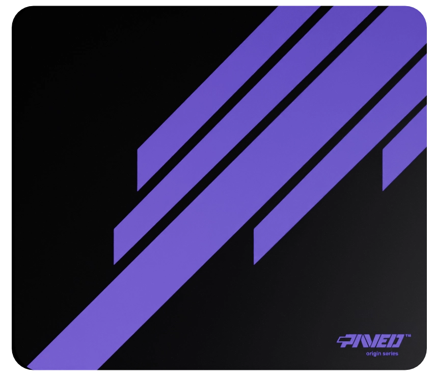 Medium PAVED™ Origins Night Amethyst Blade Runner gaming mousepad featuring minimalistic diagonal stripe design in purple and black, 360mm x 320mm, available in right-handed and left-handed variants, customizable water-resistant hydrophobic or antimicrobial polyester surface with easy-to-clean finish and odour-free AreoFlex microruber base, 600% lighter than traditional mousepads.