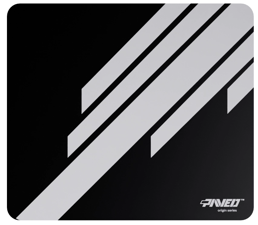 Medium PAVED™ Origins Night Blade Runner gaming mousepad featuring minimalistic diagonal stripe design in white and black, 360mm x 320mm, available in right-handed and left-handed variants, customizable water-resistant hydrophobic or antimicrobial polyester surface with easy-to-clean finish and odour-free AreoFlex microruber base, 600% lighter than traditional mousepads.