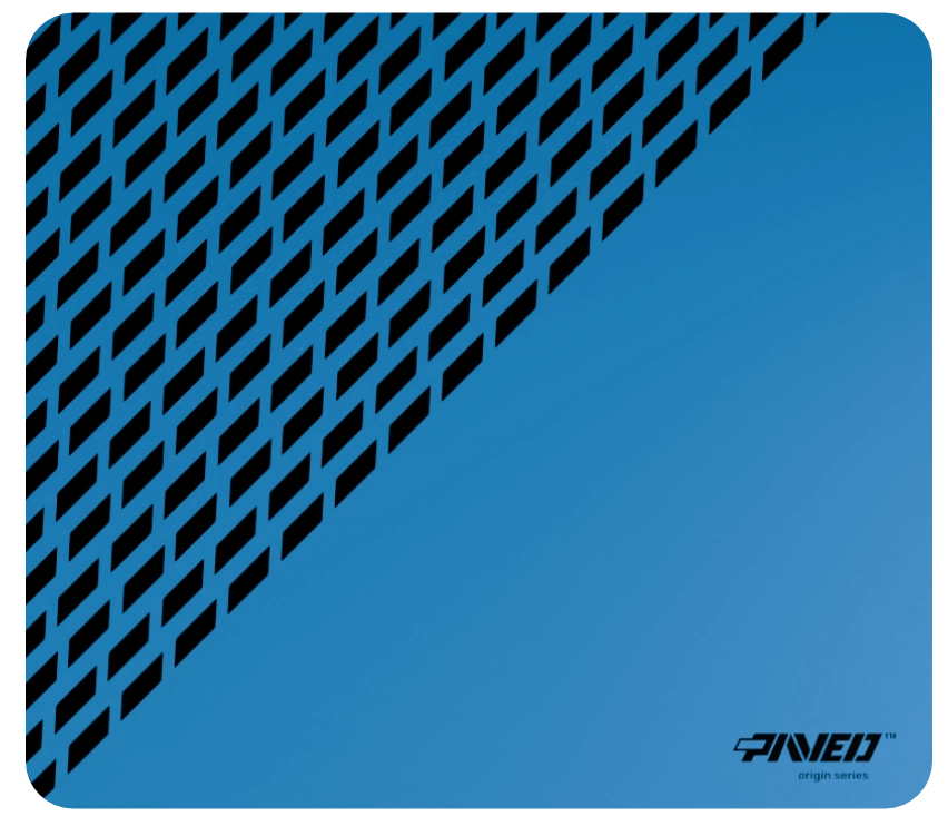 Medium PAVED™ Origins Sky Panther gaming mousepad featuring minimalistic diagonal split design with geometric panther spot pattern in blue and black, 360mm x 320mm, available in right-handed and left-handed variants, customizable water-resistant hydrophobic or antimicrobial polyester surface with easy-to-clean finish and odour-free AreoFlex microruber base, 600% lighter than traditional mousepads.
