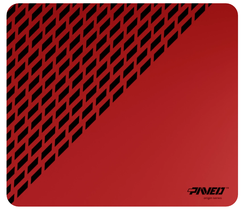 Medium PAVED™ Origins Imperial Panther gaming mousepad featuring minimalistic diagonal split design with geometric panther spot pattern in red and black, 360mm x 320mm, available in right-handed and left-handed variants, customizable water-resistant hydrophobic or antimicrobial polyester surface with easy-to-clean finish and odour-free AreoFlex microruber base, 600% lighter than traditional mousepads.