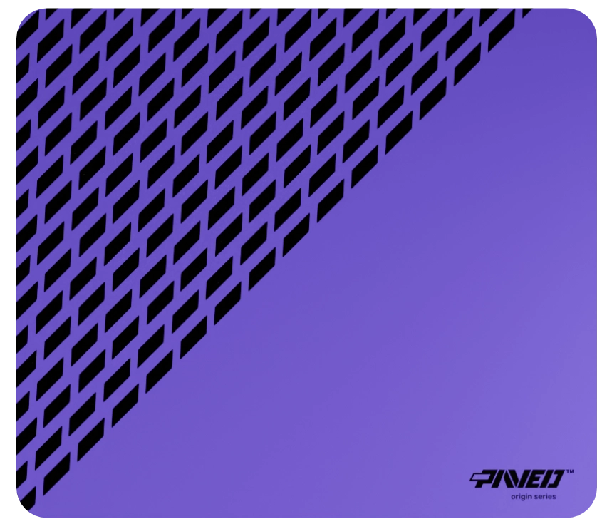 Medium PAVED™ Origins Amethyst Panther gaming mousepad featuring minimalistic diagonal split design with geometric panther spot pattern in purple and black, 360mm x 320mm, available in right-handed and left-handed variants, customizable water-resistant hydrophobic or antimicrobial polyester surface with easy-to-clean finish and odour-free AreoFlex microruber base, 600% lighter than traditional mousepads.
