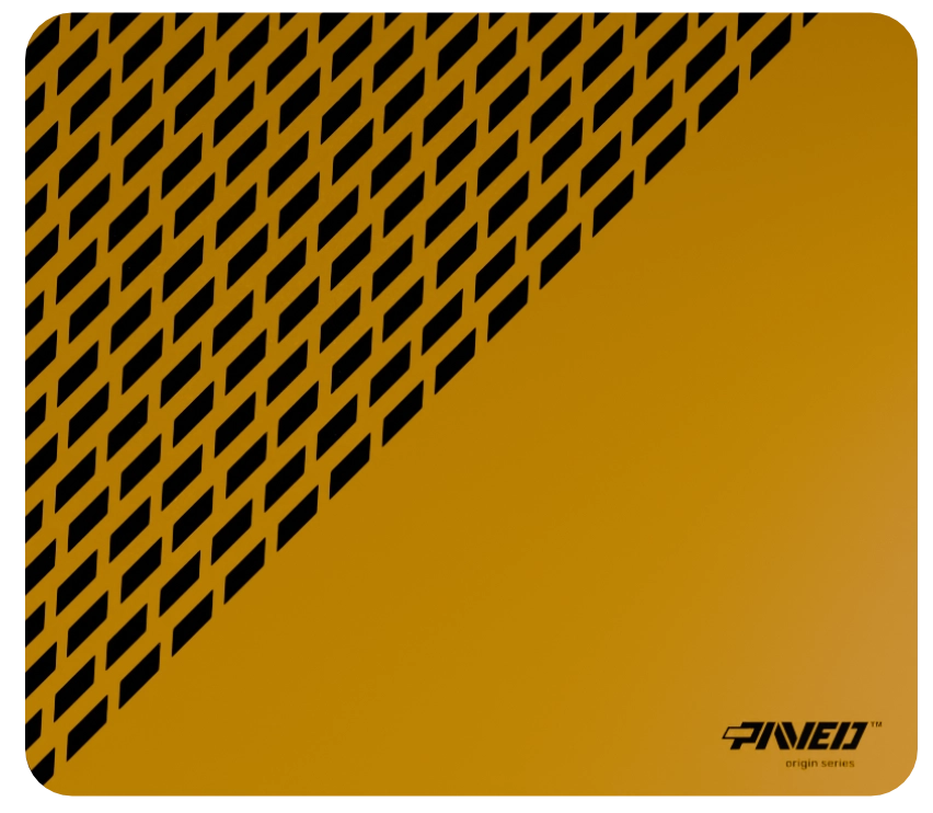 Medium PAVED™ Origins Desert Panther gaming mousepad featuring minimalistic diagonal split design with geometric panther spot pattern in deep yellow and black, 360mm x 320mm, available in right-handed and left-handed variants, customizable water-resistant hydrophobic or antimicrobial polyester surface with easy-to-clean finish and odour-free AreoFlex microruber base, 600% lighter than traditional mousepads.