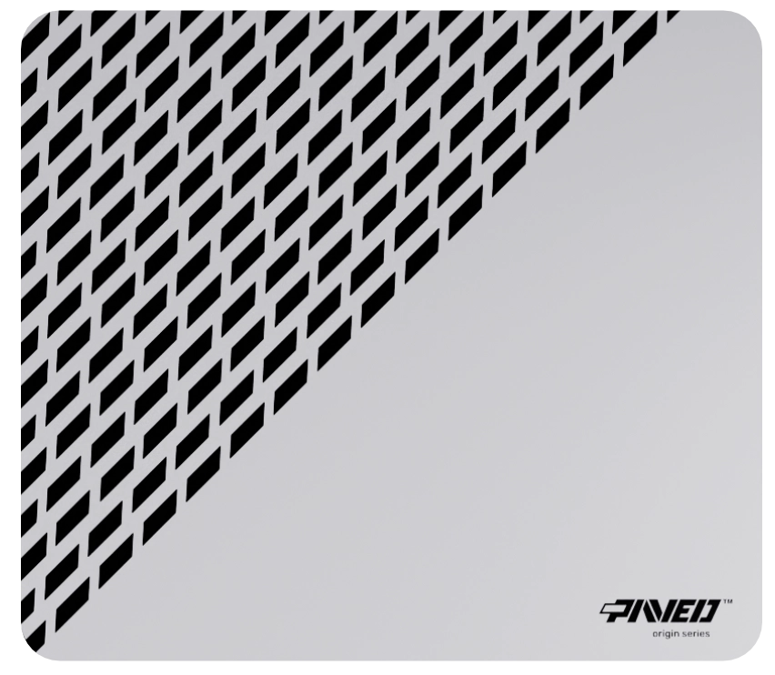 Medium PAVED™ Origins Polar Panther gaming mousepad featuring minimalistic diagonal split design with geometric panther spot pattern in white and black, 360mm x 320mm, available in right-handed and left-handed variants, customizable water-resistant hydrophobic or antimicrobial polyester surface with easy-to-clean finish and odour-free AreoFlex microruber base, 600% lighter than traditional mousepads.