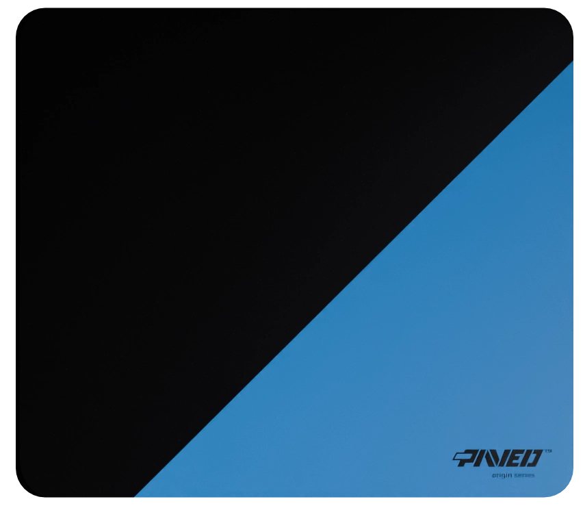 Medium PAVED™ Origins Sky Edge Runner gaming mousepad featuring minimalistic diagonal split design in blue and black, 360mm x 320mm, available in right-handed and left-handed variants, customizable water-resistant hydrophobic or antimicrobial polyester surface with easy-to-clean finish and odour-free AreoFlex microruber base, 600% lighter than traditional mousepads.