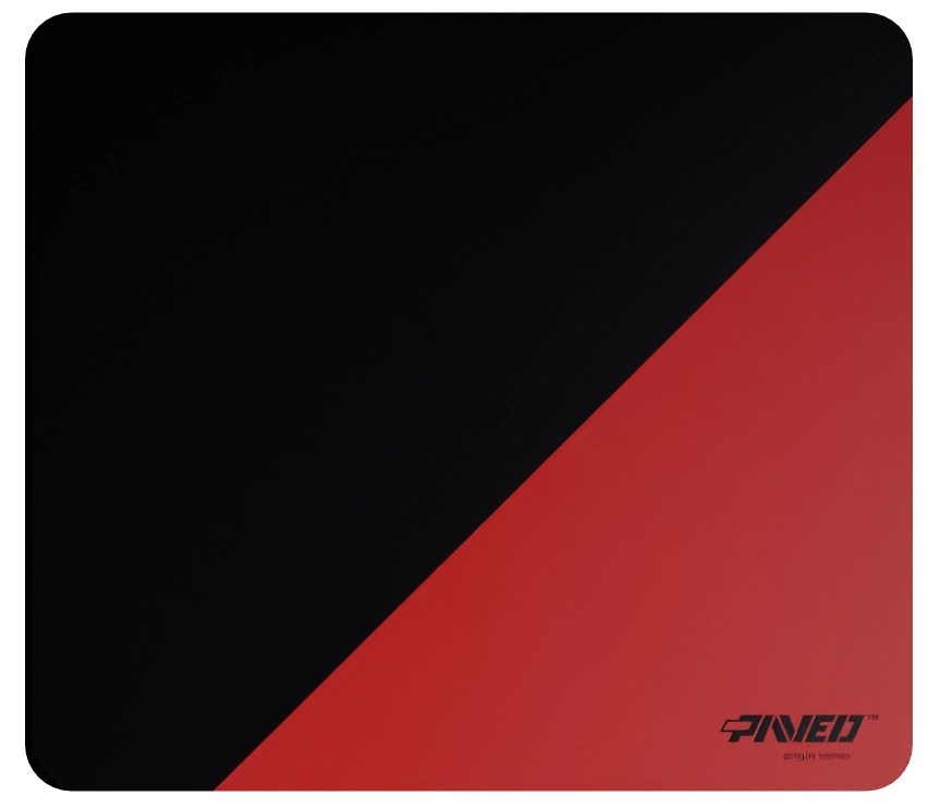 Medium PAVED™ Origins Imperial Edge Runner gaming mousepad featuring minimalistic diagonal split design in red and black, 360mm x 320mm, available in right-handed and left-handed variants, customizable water-resistant hydrophobic or antimicrobial polyester surface with easy-to-clean finish and odour-free AreoFlex microruber base, 600% lighter than traditional mousepads.