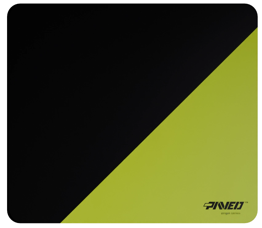 Medium PAVED™ Origins Toxic Edge Runner gaming mousepad featuring minimalistic diagonal split design in light green and black, 360mm x 320mm, available in right-handed and left-handed variants, customizable water-resistant hydrophobic or antimicrobial premium textile surface with easy-to-clean finish and odour-free AreoFlex microruber base, 600% lighter than traditional mousepads.