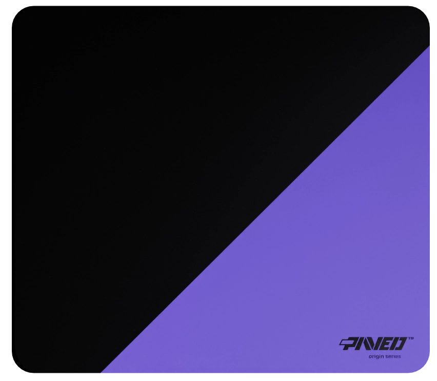 Medium PAVED™ Origins Amethyst Edge Runner gaming mousepad featuring minimalistic diagonal split design in purple and black, 360mm x 320mm, available in right-handed and left-handed variants, customizable water-resistant hydrophobic or antimicrobial polyester surface with easy-to-clean finish and odour-free AreoFlex microruber base, 600% lighter than traditional mousepads.