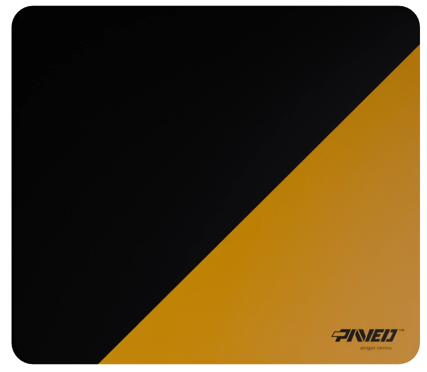 Medium PAVED™ Origins Desert Edge Runner gaming mousepad featuring minimalistic diagonal split design in deep yellow and black, 360mm x 320mm, available in right-handed and left-handed variants, customizable water-resistant hydrophobic or antimicrobial polyester surface with easy-to-clean finish and odour-free AreoFlex microruber base, 600% lighter than traditional mousepads.