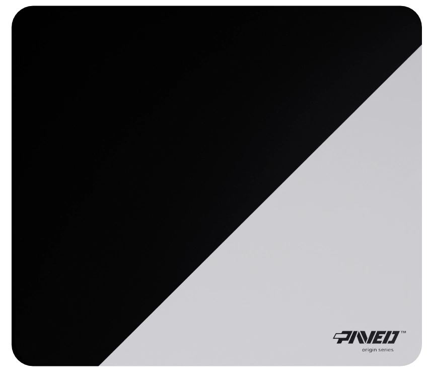 Medium PAVED Origins Polar Edge Runner gaming mousepad featuring minimalistic diagonal split design in white and black, 360mm x 320mm, available in right-handed and left-handed variants, customizable water-resistant hydrophobic or antimicrobial polyester surface with easy-to-clean finish and odour-free AreoFlex microruber base, 600% lighter than traditional mousepads.