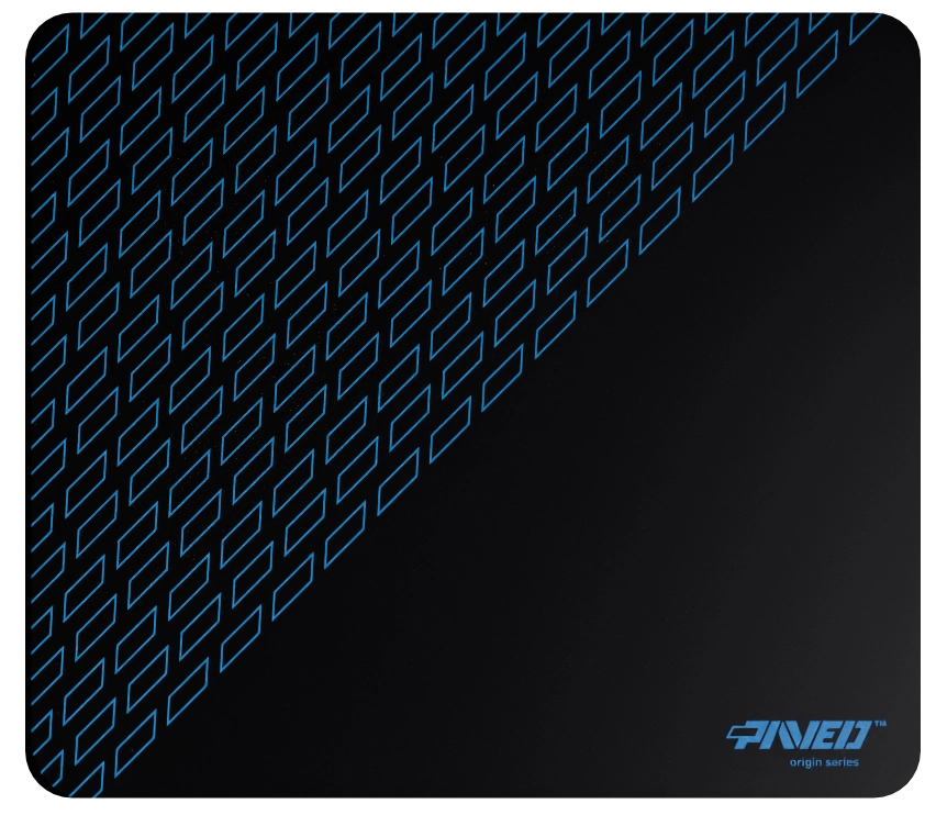 Medium PAVED™ Origins Night Sky Pathfinder gaming mousepad featuring minimalistic geometric tiled pattern in blue and black, 360mm x 320mm, available in right-handed and left-handed variants, customizable water-resistant hydrophobic or antimicrobial polyester surface with easy-to-clean finish and odour-free AreoFlex microruber base, 600% lighter than traditional mousepads.
