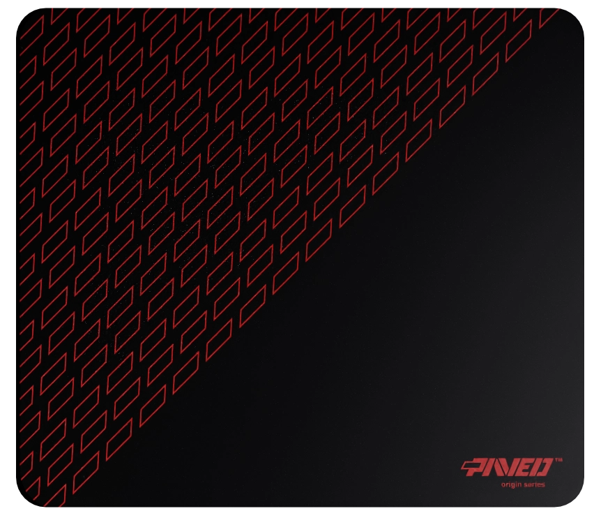 Medium PAVED™ Origins Night Imperial Pathfinder gaming mousepad featuring minimalistic geometric tiled pattern in red and black, 360mm x 320mm, available in right-handed and left-handed variants, customizable water-resistant hydrophobic or antimicrobial polyester surface with easy-to-clean finish and odour-free AreoFlex microruber base, 600% lighter than traditional mousepads.