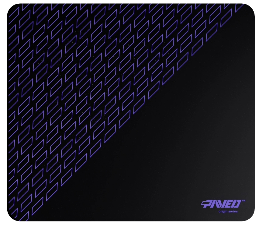 Medium PAVED™ Origins Night Amethyst Pathfinder gaming mousepad featuring minimalistic geometric tiled pattern in purple and black, 360mm x 320mm, available in right-handed and left-handed variants, customizable water-resistant hydrophobic or antimicrobial polyester surface with easy-to-clean finish and odour-free AreoFlex microruber base, 600% lighter than traditional mousepads.