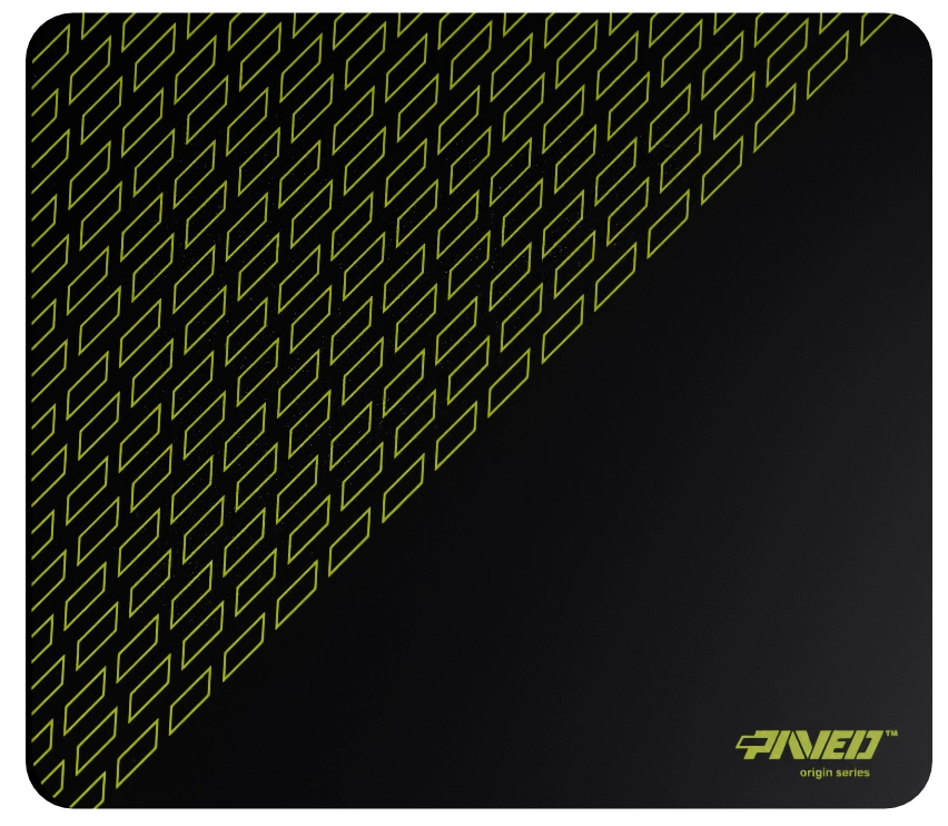 Medium PAVED™ Origins Night Toxic Pathfinder gaming mousepad featuring minimalistic geometric tiled pattern in light green and black, 360mm x 320mm, available in right-handed and left-handed variants, customizable water-resistant hydrophobic or antimicrobial polyester surface with easy-to-clean finish and odour-free AreoFlex microruber base, 600% lighter than traditional mousepads.