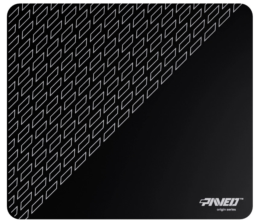 Medium PAVED™ Origins Night Pathfinder gaming mousepad featuring minimalistic geometric tiled pattern in white and black, 360mm x 320mm, available in right-handed and left-handed variants, customizable water-resistant hydrophobic or antimicrobial polyester surface with easy-to-clean finish and odour-free AreoFlex microruber base, 600% lighter than traditional mousepads.