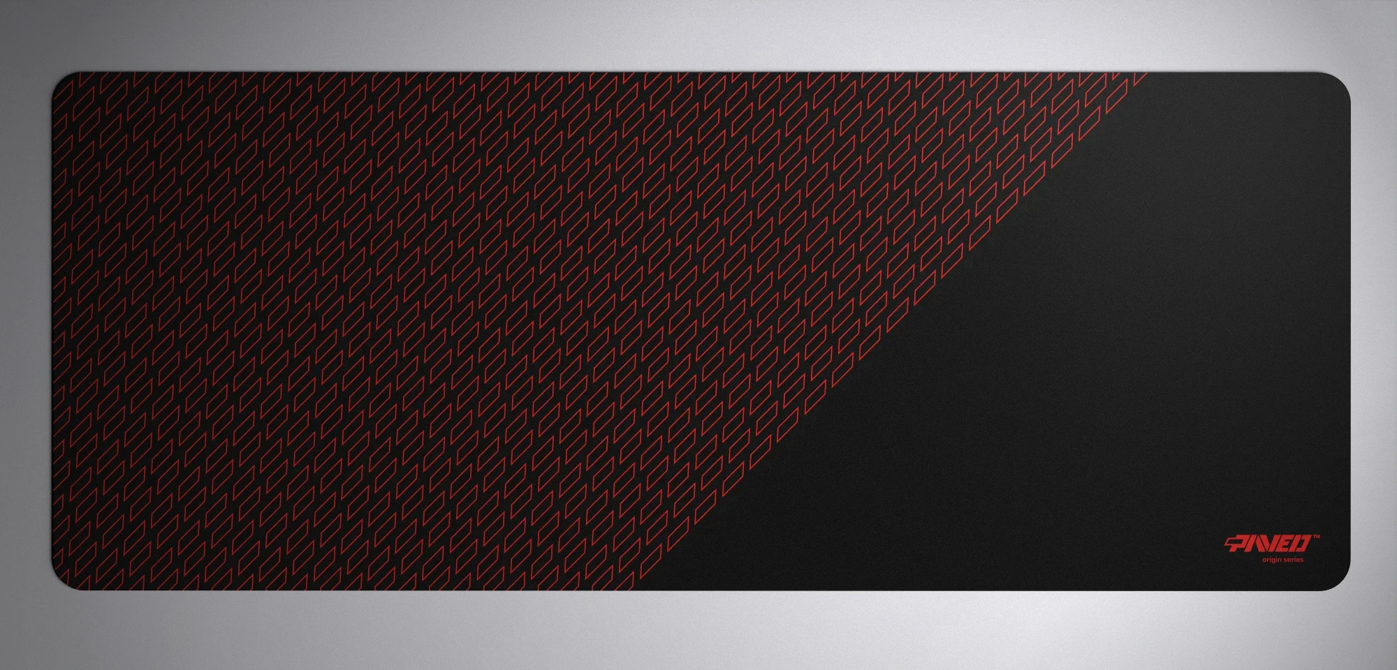 PAVED™ Origins Night Imperial Pathfinder gaming mousepad featuring minimalistic geometric tiled pattern in red and black, available in XXL 1000mm x 400mm and M 360mm x 320mm sizes, right-handed and left-handed variants, water-resistant hydrophobic antimicrobial polyester surface with easy-to-clean finish and odour-free AreoFlex microruber base, 600% lighter than traditional mousepads.