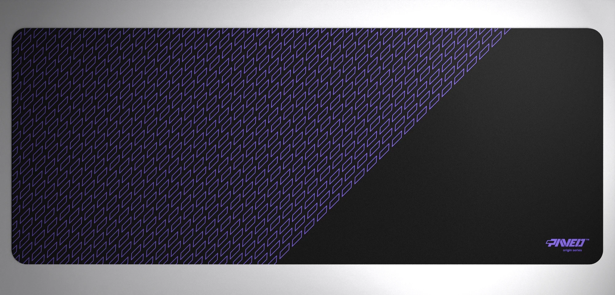 PAVED™ Origins Night Amethyst Pathfinder gaming mousepad featuring minimalistic geometric tiled pattern in purple and black, available in XXL 1000mm x 400mm and M 360mm x 320mm sizes, right-handed and left-handed variants, water-resistant hydrophobic antimicrobial polyester surface with easy-to-clean finish and odour-free AreoFlex microruber base, 600% lighter than traditional mousepads.