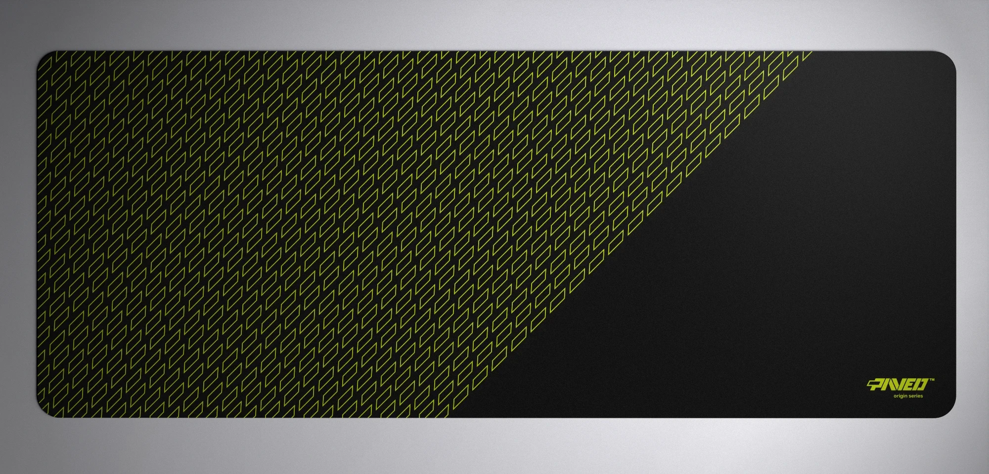 PAVED™ Origins Night Toxic Pathfinder gaming mousepad featuring minimalistic geometric tiled pattern in light green and black, available in XXL 1000mm x 400mm and M 360mm x 320mm sizes, right-handed and left-handed variants, water-resistant hydrophobic antimicrobial polyester surface with easy-to-clean finish and odour-free AreoFlex microruber base, 600% lighter than traditional mousepads