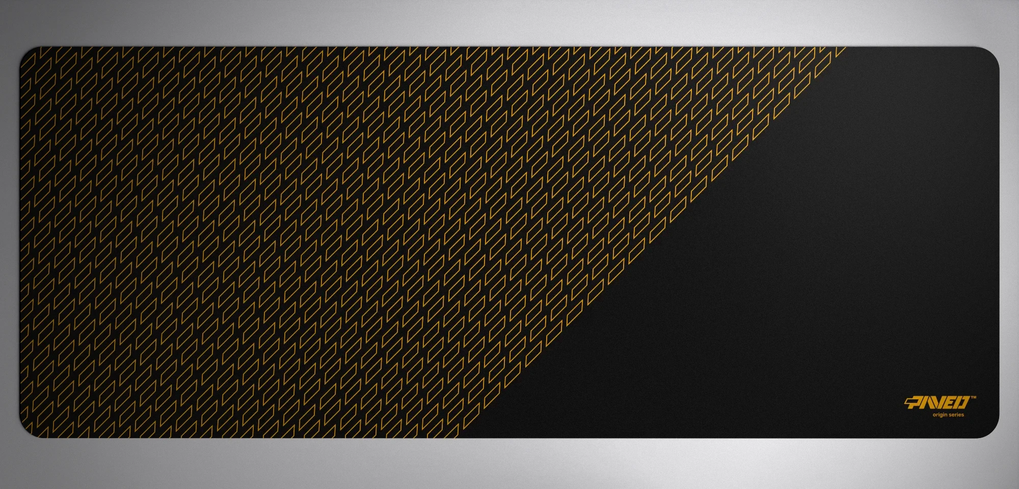PAVED™ Origins Night Desert Pathfinder gaming mousepad featuring minimalistic geometric tiled pattern in deep yellow and black, available in XXL 1000mm x 400mm and M 360mm x 320mm sizes, right-handed and left-handed variants, water-resistant hydrophobic antimicrobial polyester surface with easy-to-clean finish and odour-free AreoFlex microruber base, 600% lighter than traditional mousepads.