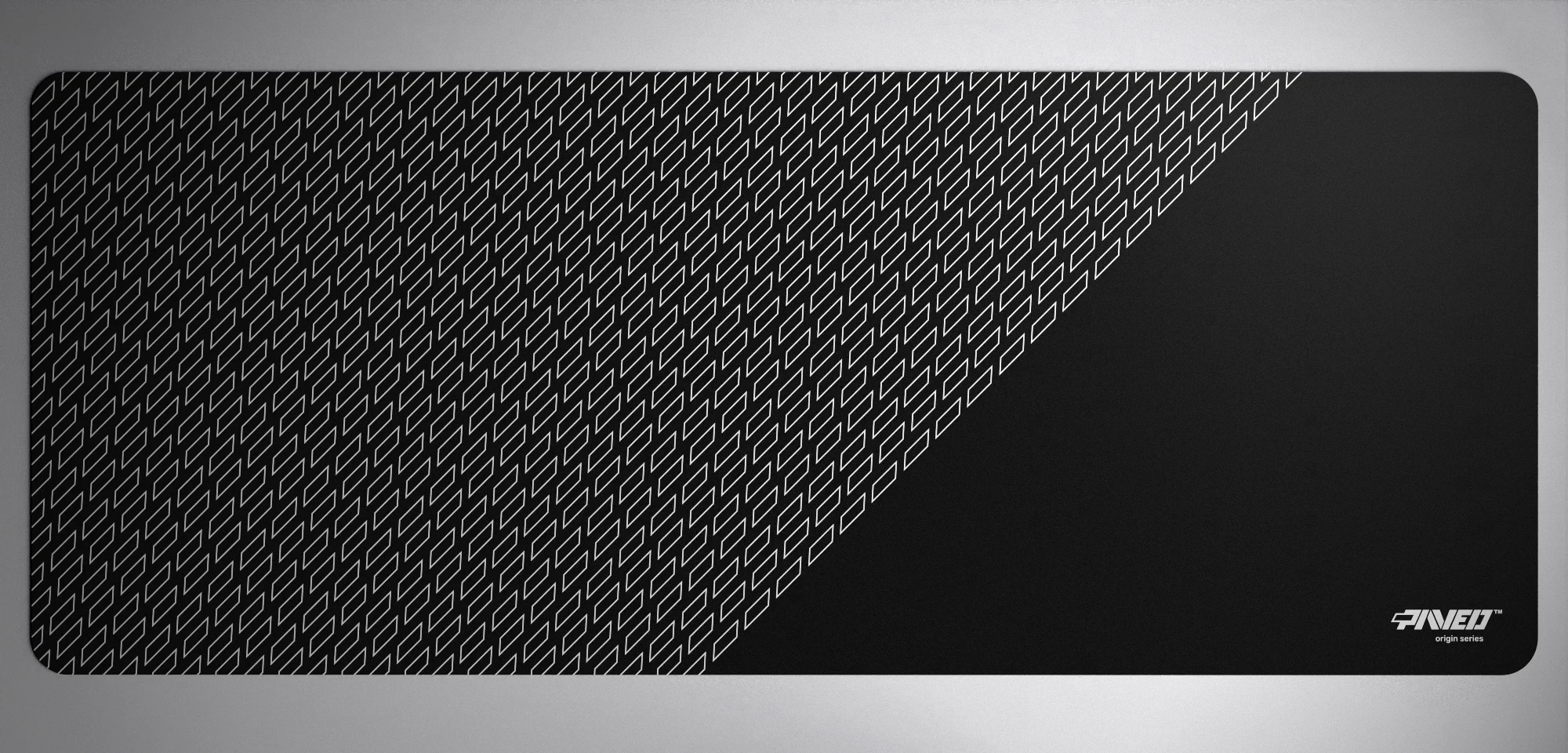 PAVED™ Origins Night Pathfinder gaming mousepad featuring minimalistic geometric tiled pattern in white and black, available in XXL 1000mm x 400mm and M 360mm x 320mm sizes, right-handed and left-handed variants, water-resistant hydrophobic antimicrobial polyester surface with easy-to-clean finish and odour-free AreoFlex microruber base, 600% lighter than traditional mousepads.