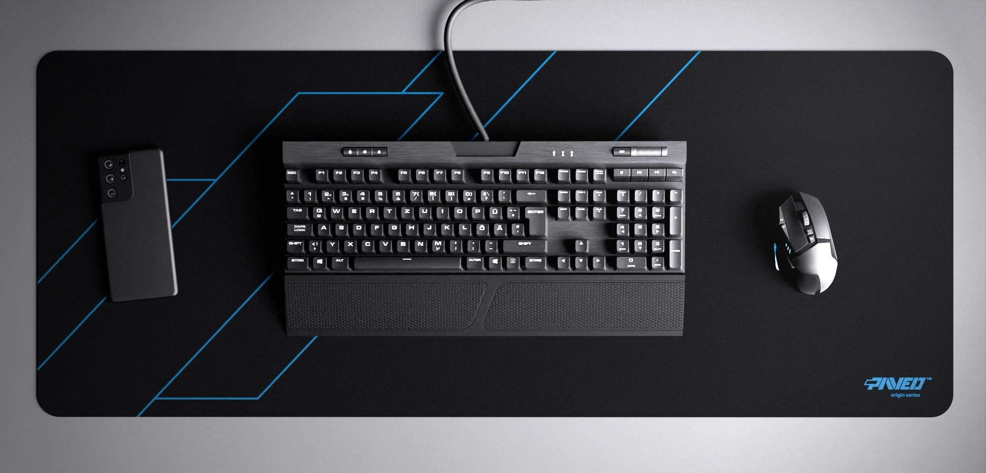 Top view of Night Sky Formula XXL deskmat 1000mm x 400mm right-handed variant with minimalistic geometric angular line pattern in blue and black, hydrophobic easy-to-clean antimicrobial surface, shown with full-size mechanical keyboard, gaming mouse, and smartphone for scale, 600% lighter non-slip base with no rubbery smell, durable stitch-free edges.