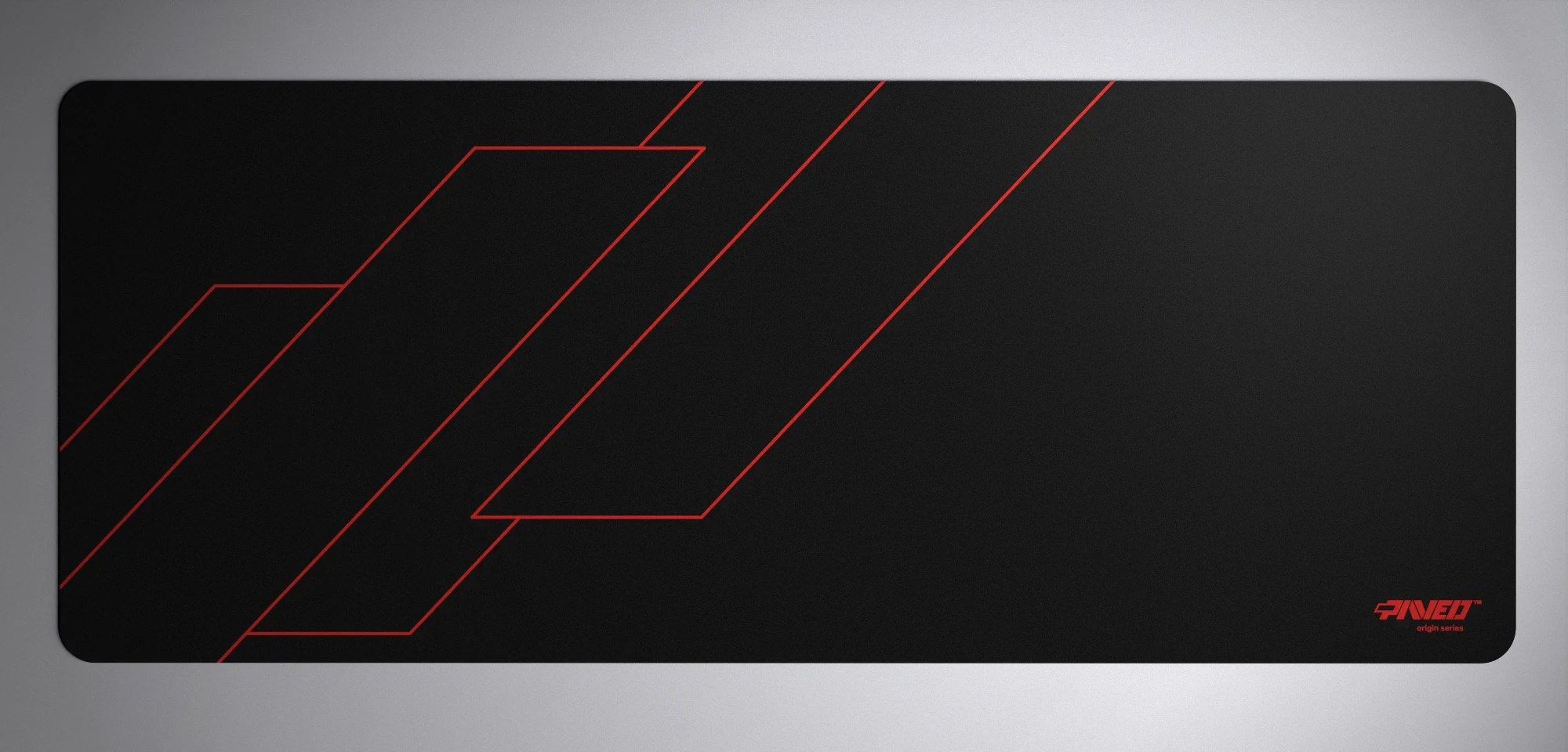 PAVED™ Origins Night Imperial Formula gaming mousepad featuring minimalistic geometric angular line pattern in red and black, available in XXL 1000mm x 400mm and M 360mm x 320mm sizes, right-handed and left-handed variants, water-resistant hydrophobic antimicrobial polyester surface with easy-to-clean finish and odour-free AreoFlex microruber base, 600% lighter than traditional mousepads.