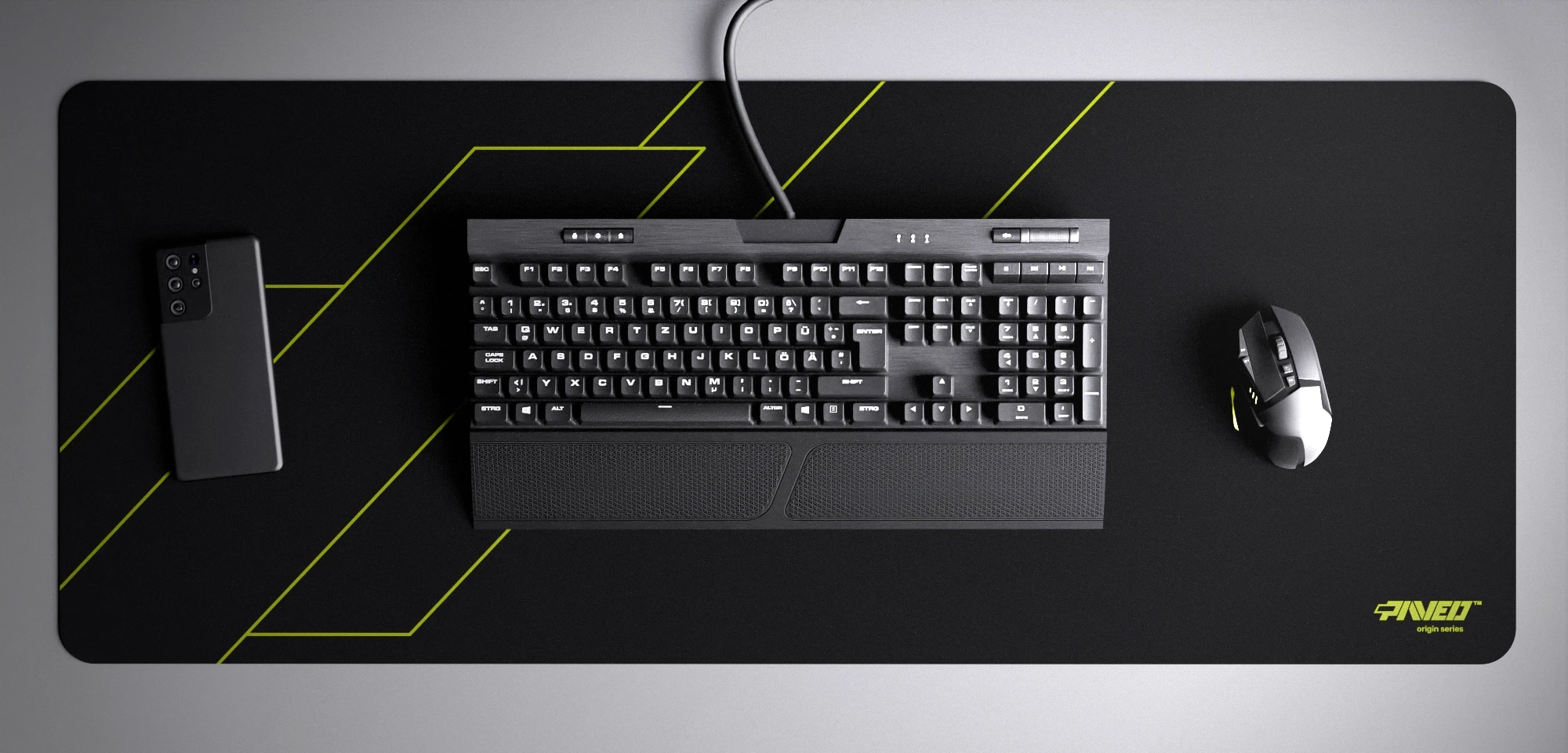 Top view of Night Toxic Formula XXL deskmat 1000mm x 400mm right-handed variant with minimalistic geometric angular line pattern in light green and black, hydrophobic easy-to-clean antimicrobial surface, shown with full-size mechanical keyboard, gaming mouse, and smartphone for scale, 600% lighter non-slip base with no rubbery smell, durable stitch-free edges.