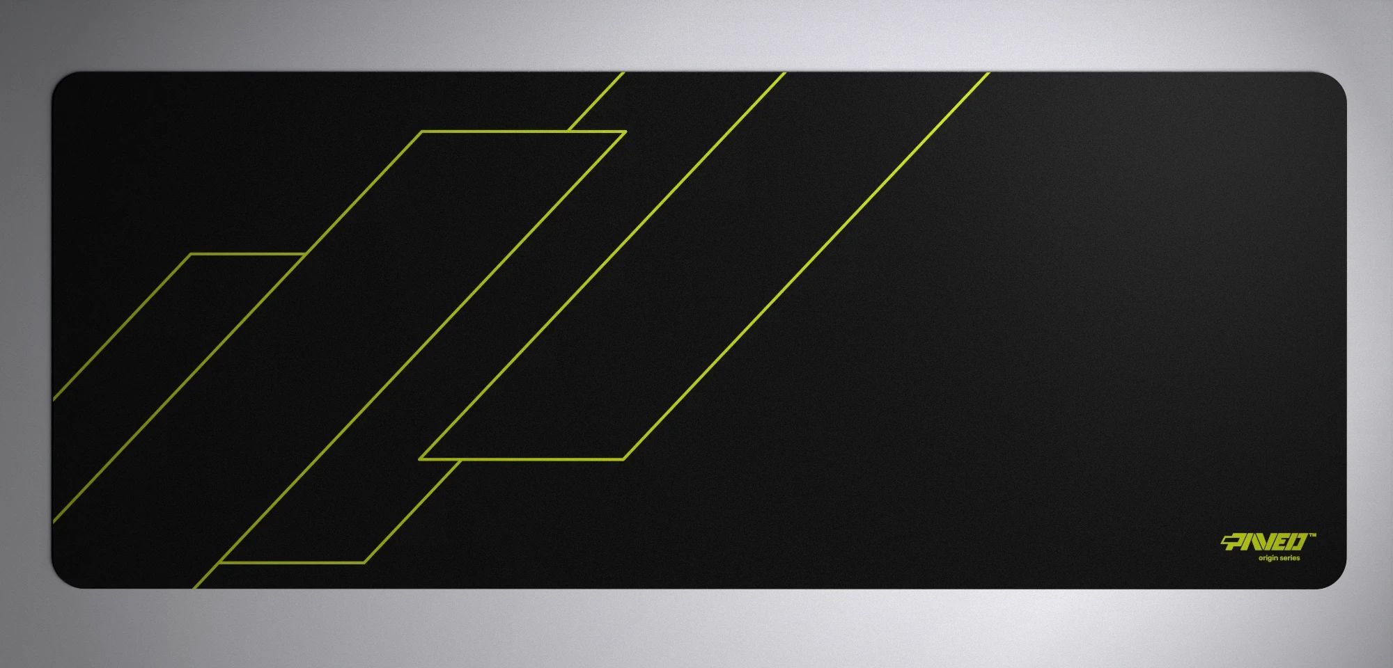 PAVED™ Origins Night Toxic Formula gaming mousepad featuring minimalistic geometric angular line pattern in light green and black, available in XXL 1000mm x 400mm and M 360mm x 320mm sizes, right-handed and left-handed variants, water-resistant hydrophobic antimicrobial polyester surface with easy-to-clean finish and odour-free AreoFlex microruber base, 600% lighter than traditional mousepads.