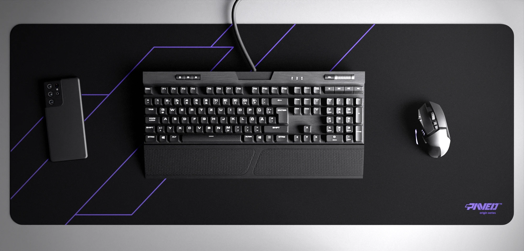 Top view of Night Amethyst Formula XXL deskmat 1000mm x 400mm right-handed variant with minimalistic geometric angular line pattern in purple and black, hydrophobic easy-to-clean antimicrobial surface, shown with full-size mechanical keyboard, gaming mouse, and smartphone for scale, 600% lighter non-slip base with no rubbery smell, durable stitch-free edges.