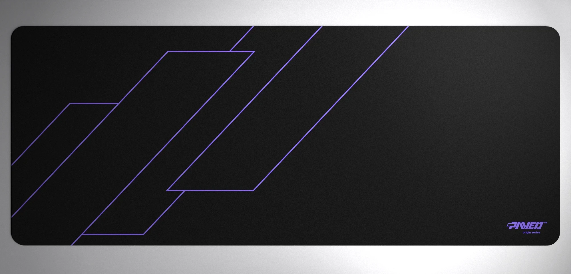 PAVED™ Origins Night Amethyst Formula gaming mousepad featuring minimalistic geometric angular line pattern in purple and black, available in XXL 1000mm x 400mm and M 360mm x 320mm sizes, right-handed and left-handed variants, water-resistant hydrophobic antimicrobial polyester surface with easy-to-clean finish and odour-free AreoFlex microruber base, 600% lighter than traditional mousepads.