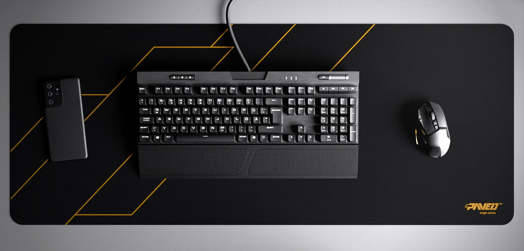 Top view of Night Desert Formula XXL deskmat 1000mm x 400mm right-handed variant with minimalistic geometric angular line pattern in deep yellow and black, hydrophobic easy-to-clean antimicrobial surface, shown with full-size mechanical keyboard, gaming mouse, and smartphone for scale, 600% lighter non-slip base with no rubbery smell, durable stitch-free edges.