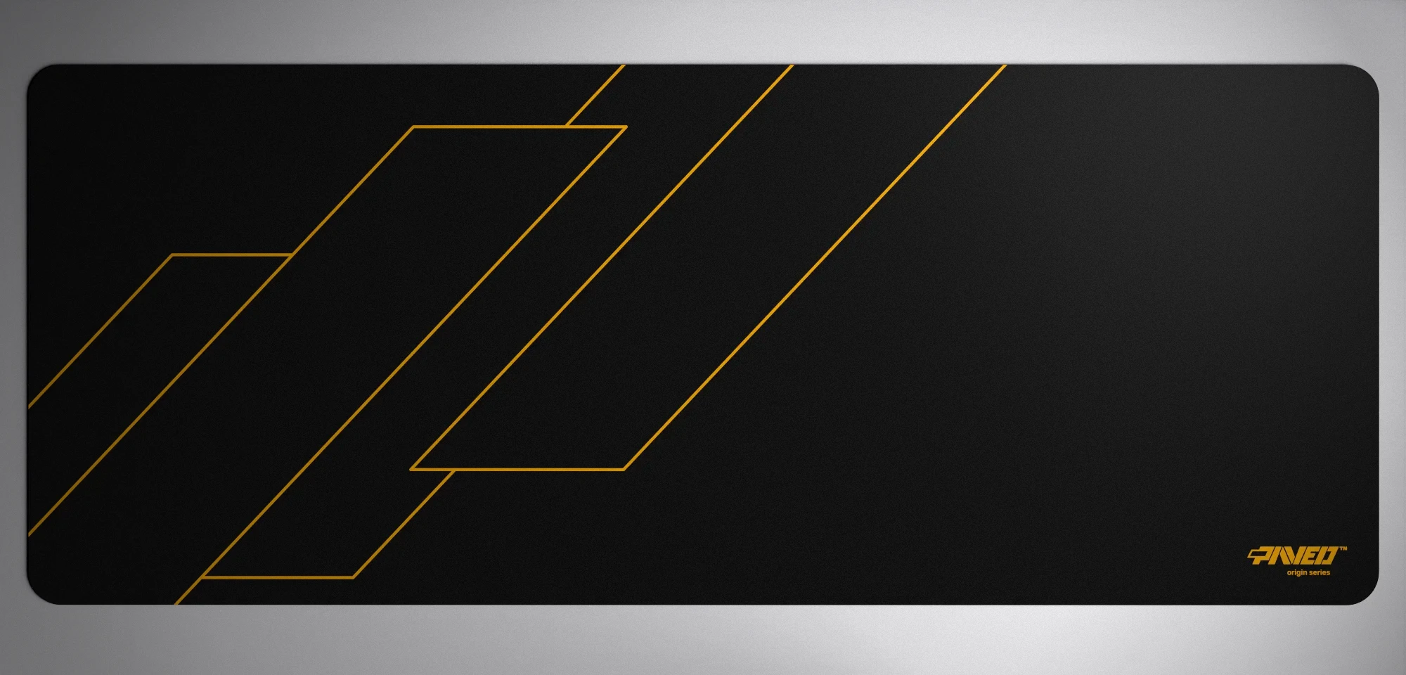 PAVED™ Origins Night Desert Formula gaming mousepad featuring minimalistic geometric angular line pattern in deep yellow and black, available in XXL 1000mm x 400mm and M 360mm x 320mm sizes, right-handed and left-handed variants, water-resistant hydrophobic antimicrobial polyester surface with easy-to-clean finish and odour-free AreoFlex microruber base, 600% lighter than traditional mousepads.