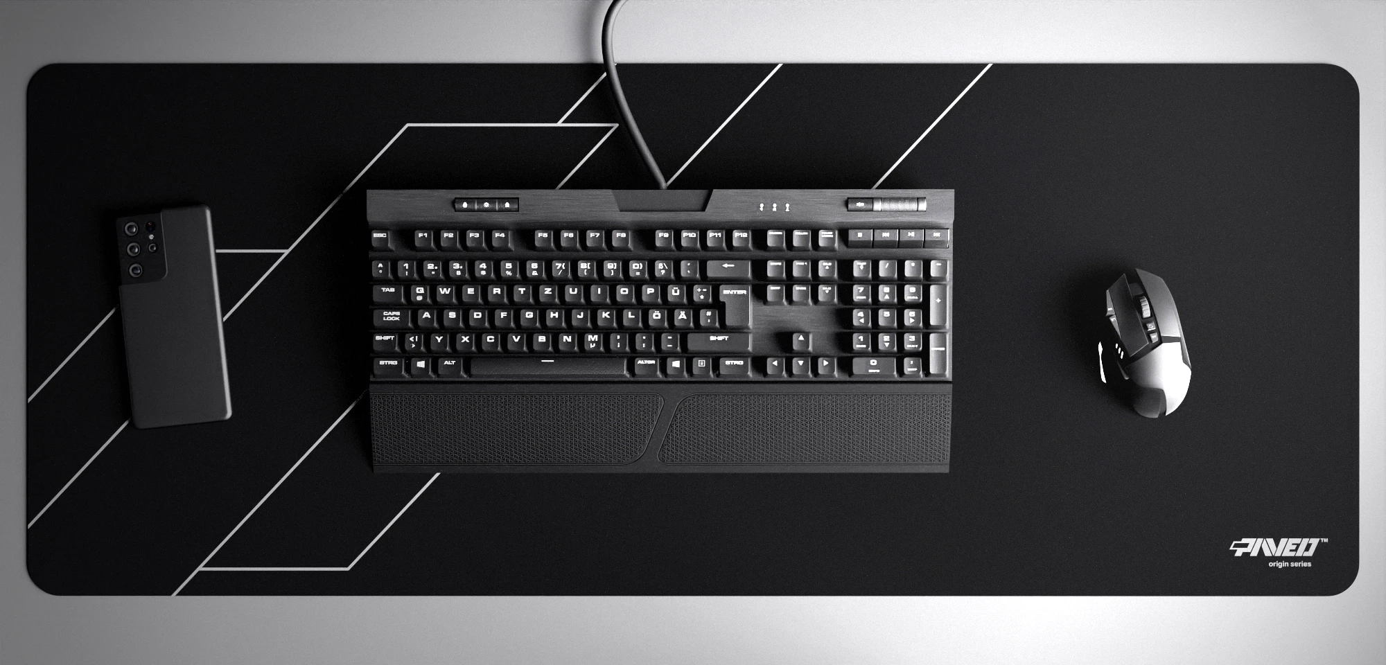 Top view of Night Formula XXL deskmat 1000mm x 400mm right-handed variant with minimalistic geometric angular line pattern in white and black, hydrophobic easy-to-clean antimicrobial surface, shown with full-size mechanical keyboard, gaming mouse, and smartphone for scale, 600% lighter non-slip base with no rubbery smell, durable stitch-free edges.