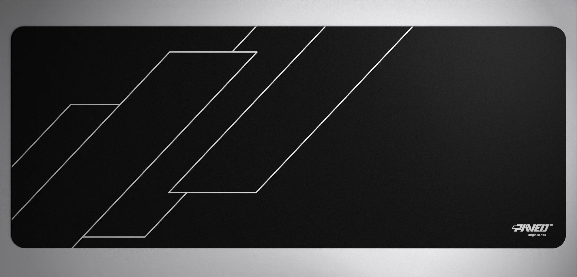 PAVED™ Origins Night Formula gaming mousepad featuring minimalistic geometric angular line pattern in white and black, available in XXL 1000mm x 400mm and M 360mm x 320mm sizes, right-handed and left-handed variants, water-resistant hydrophobic antimicrobial polyester surface with easy-to-clean finish and odour-free AreoFlex microruber base, 600% lighter than traditional mousepads.