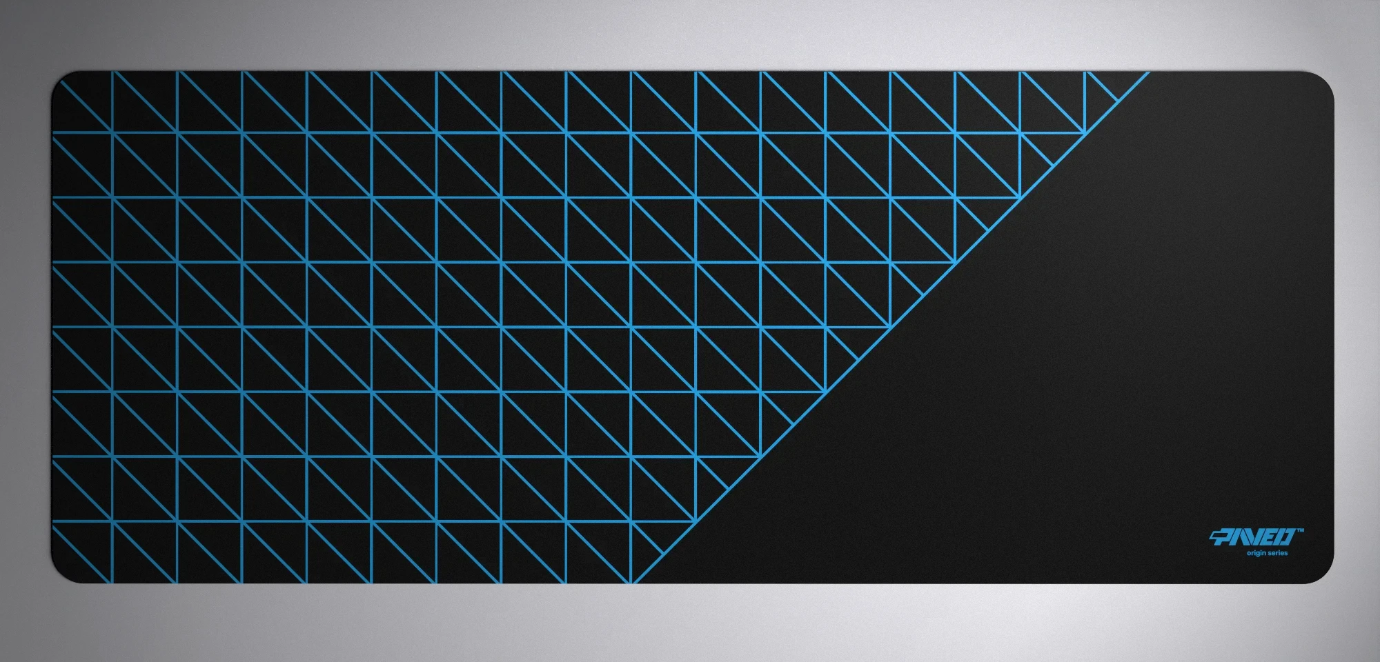 PAVED™ Origins Night Sky Grid Runner gaming mousepad featuring minimalistic geometric grid pattern in blue and black, available in XXL 1000mm x 400mm and M 360mm x 320mm sizes, right-handed and left-handed variants, water-resistant hydrophobic antimicrobial polyester surface with easy-to-clean finish and odour-free AreoFlex microruber base, 600% lighter than traditional mousepads.