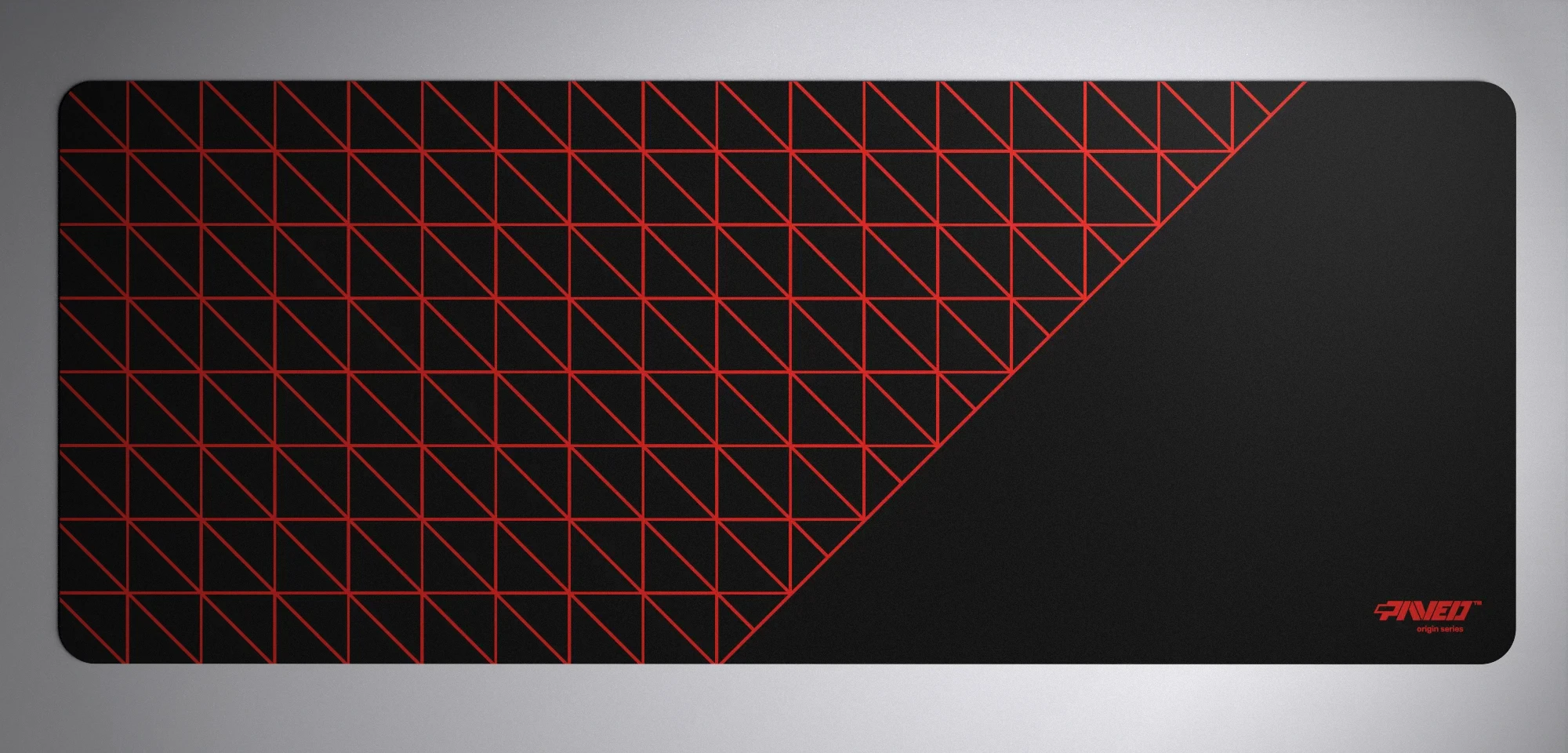 PAVED™ Origins Night Imperial Grid Runner gaming mousepad featuring minimalistic geometric grid pattern in red and black, available in XXL 1000mm x 400mm and M 360mm x 320mm sizes, right-handed and left-handed variants, water-resistant hydrophobic antimicrobial polyester surface with easy-to-clean finish and odour-free AreoFlex microruber base, 600% lighter than traditional mousepads.