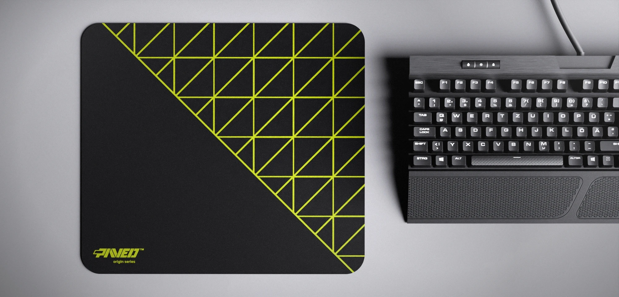 Top view of Night Toxic Grid Runner M size mousepad 360mm x 320mm left-handed variant with minimalistic light green geometric grid pattern on black background, water-resistant antimicrobial polyester surface, shown with full-size mechanical keyboard for scale, ultra-lightweight odour-free AreoFlex base, stitch-free edges.