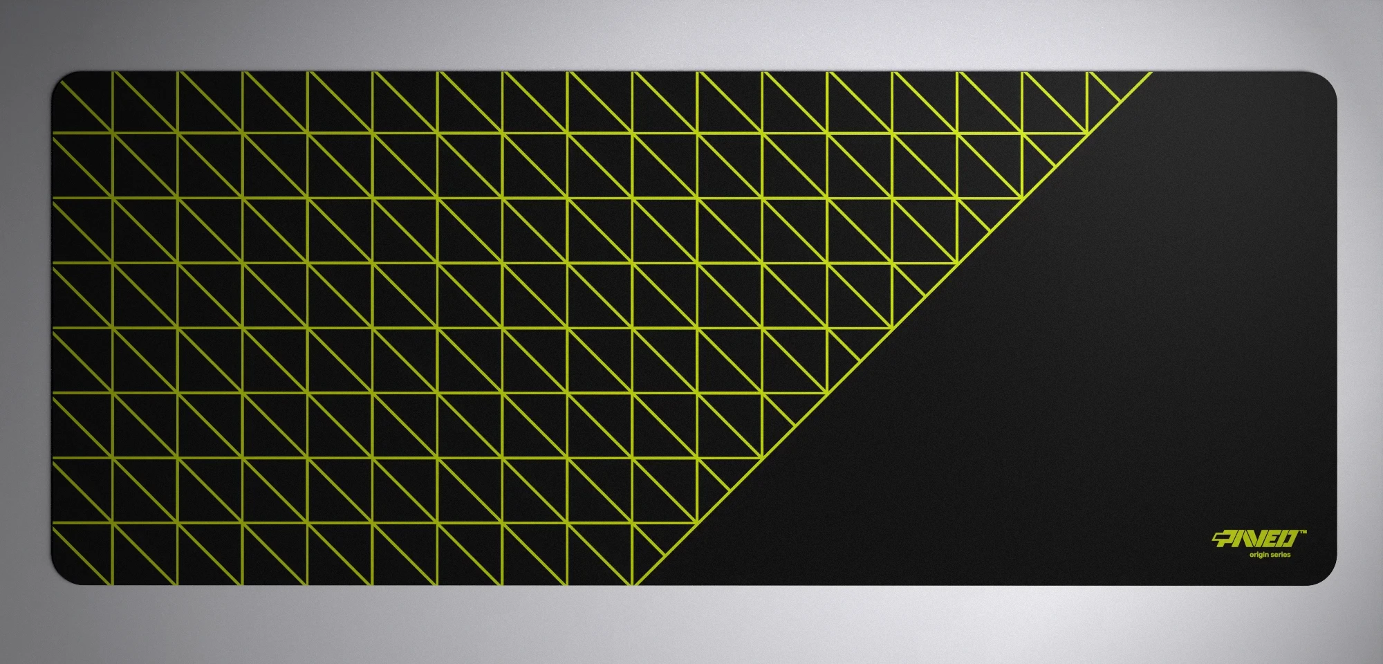 PAVED™ Origins Night Toxic Grid Runner gaming mousepad featuring minimalistic geometric grid pattern in light green and black, available in XXL 1000mm x 400mm and M 360mm x 320mm sizes, right-handed and left-handed variants, water-resistant hydrophobic antimicrobial polyester surface with easy-to-clean finish and odour-free AreoFlex microruber base, 600% lighter than traditional mousepads.
