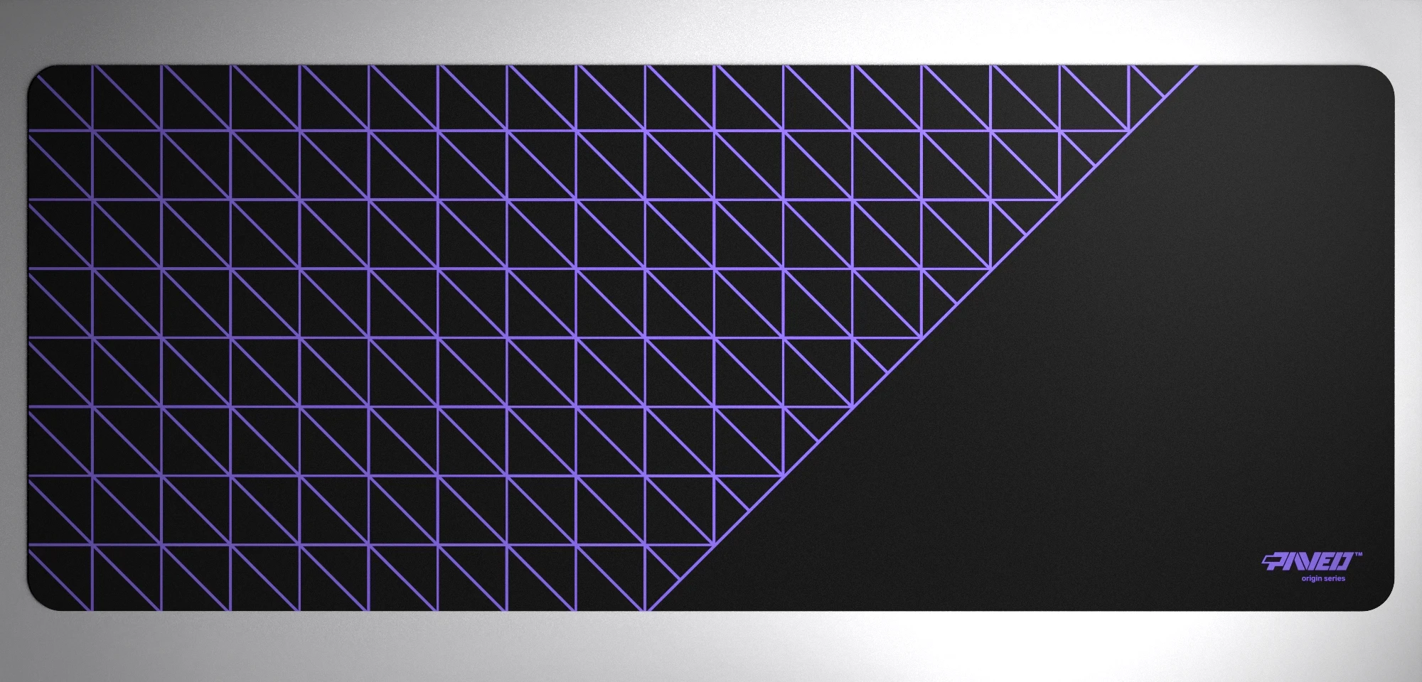 PAVED™ Origins Night Amethyst Grid Runner gaming mousepad featuring minimalistic geometric grid pattern in purple and black, available in XXL 1000mm x 400mm and M 360mm x 320mm sizes, right-handed and left-handed variants, water-resistant hydrophobic antimicrobial polyester surface with easy-to-clean finish and odour-free AreoFlex microruber base, 600% lighter than traditional mousepads.