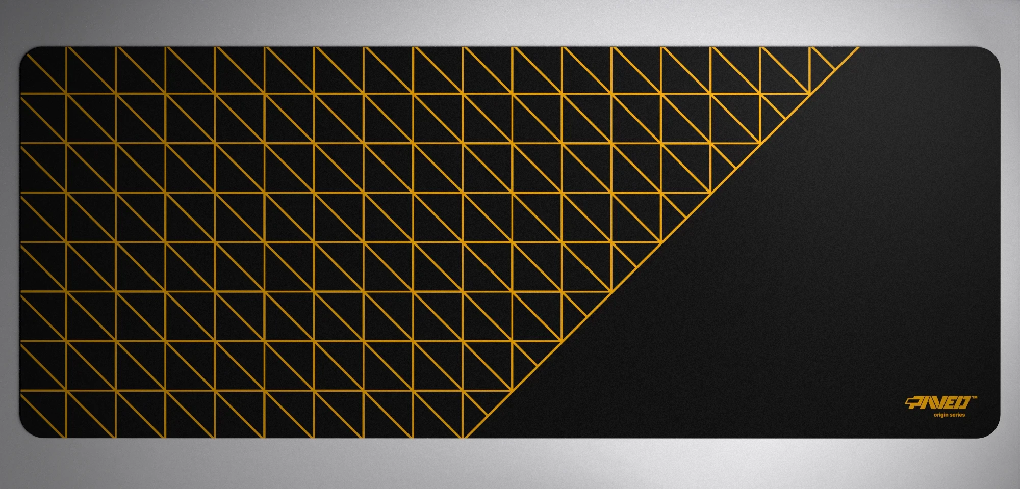 PAVED™ Origins Night Desert Grid Runner gaming mousepad featuring minimalistic geometric grid pattern in deep yellow and black, available in XXL 1000mm x 400mm and M 360mm x 320mm sizes, right-handed and left-handed variants, water-resistant hydrophobic antimicrobial polyester surface with easy-to-clean finish and odour-free AreoFlex microruber base, 600% lighter than traditional mousepads.
