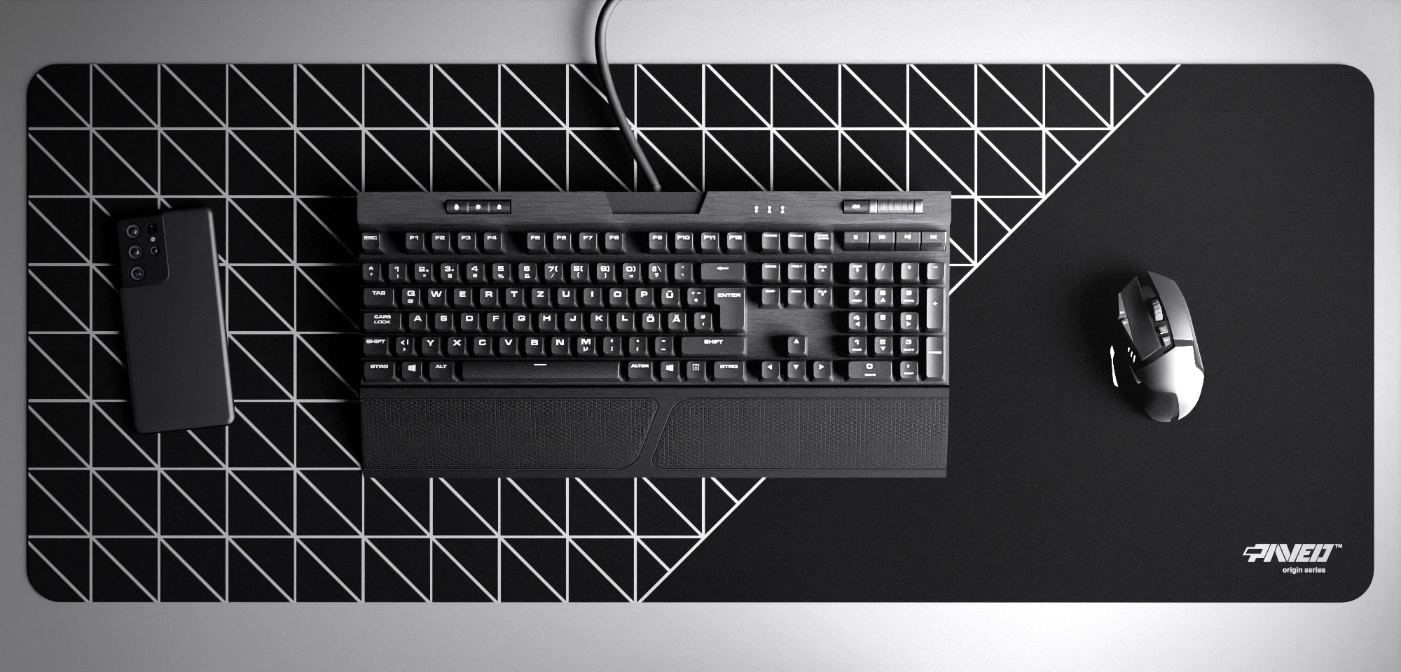 Top view of Night Grid Runner XXL deskmat 1000mm x 400mm right-handed variant with minimalistic geometric grid pattern in white and black, hydrophobic easy-to-clean antimicrobial surface, shown with full-size mechanical keyboard, gaming mouse, and smartphone for scale, 600% lighter non-slip base with no rubbery smell, durable stitch-free edges.