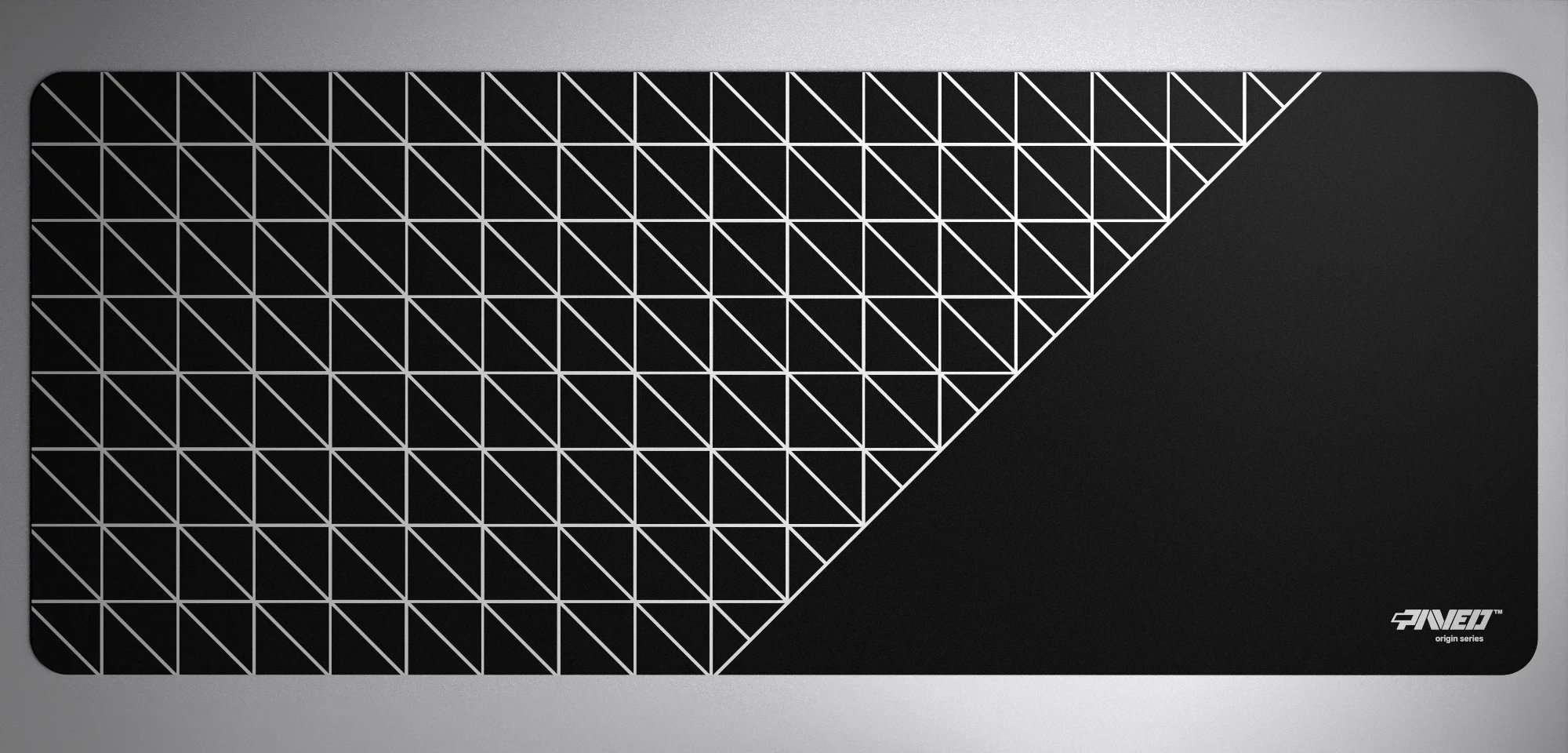 PAVED™ Origins Night Grid Runner gaming mousepad featuring minimalistic geometric grid pattern in white and black, available in XXL 1000mm x 400mm and M 360mm x 320mm sizes, right-handed and left-handed variants, water-resistant hydrophobic antimicrobial polyester surface with easy-to-clean finish and odour-free AreoFlex microruber base, 600% lighter than traditional mousepads.