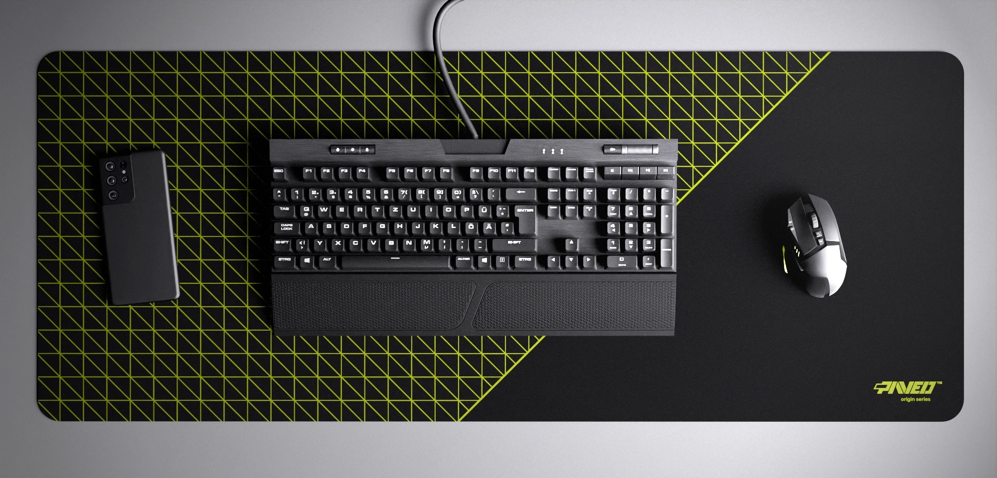 Top view of Night Toxic Net Runner XXL deskmat 1000mm x 400mm right-handed variant with minimalistic dense geometric net pattern in light green and black, hydrophobic easy-to-clean antimicrobial surface, shown with full-size mechanical keyboard, gaming mouse, and smartphone for scale, 600% lighter non-slip base with no rubbery smell, durable stitch-free edges.