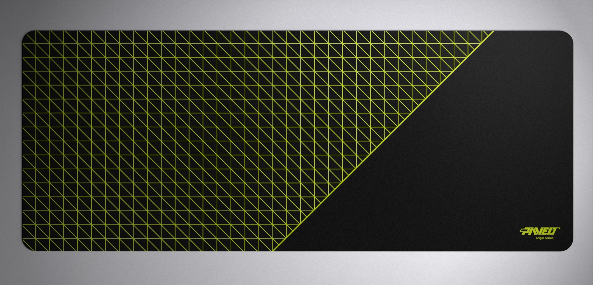 PAVED™ Origins Night Toxic Net Runner gaming mousepad featuring minimalistic dense geometric net pattern in light green and black, available in XXL 1000mm x 400mm and M 360mm x 320mm sizes, right-handed and left-handed variants, water-resistant hydrophobic antimicrobial polyester surface with easy-to-clean finish and odour-free AreoFlex microruber base, 600% lighter than traditional mousepads.