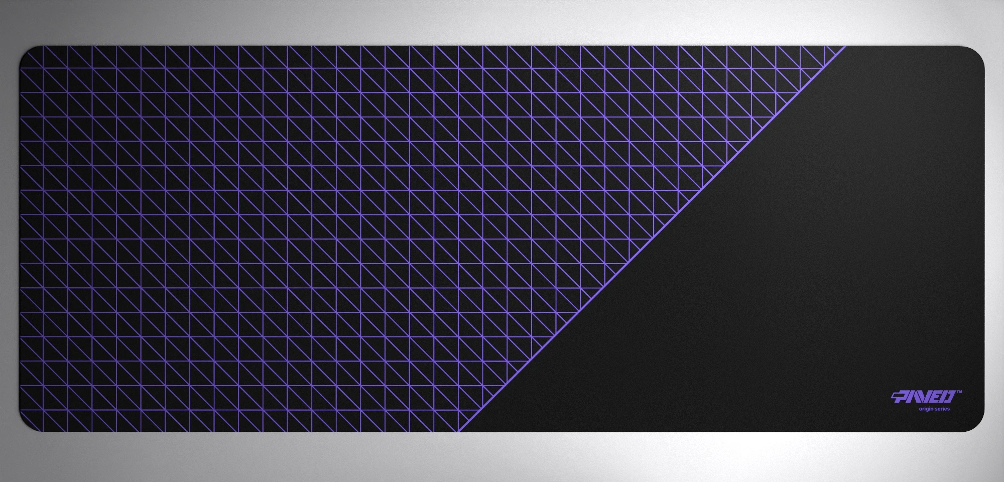 PAVED™ Origins Night Amethyst Net Runner gaming mousepad featuring minimalistic dense geometric net pattern in purple and black, available in XXL 1000mm x 400mm and M 360mm x 320mm sizes, right-handed and left-handed variants, water-resistant hydrophobic antimicrobial polyester surface with easy-to-clean finish and odour-free AreoFlex microruber base, 600% lighter than traditional mousepads.
