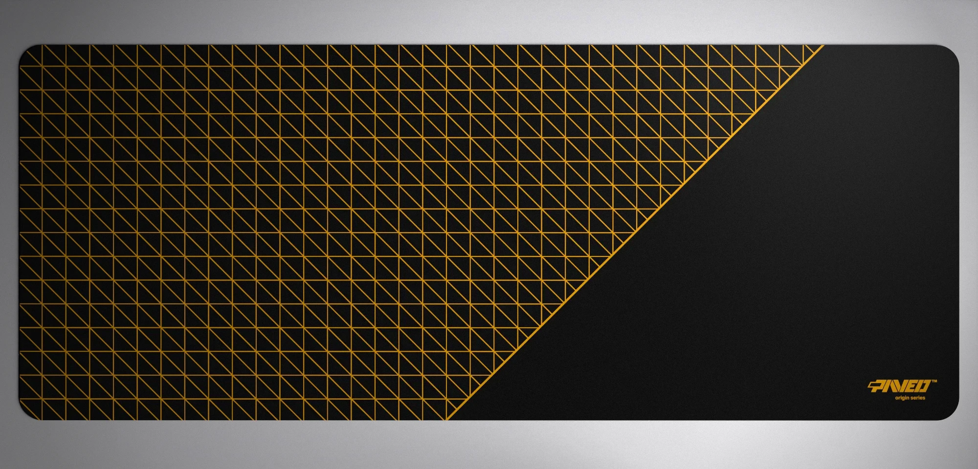 PAVED™ Origins Night Desert Net Runner gaming mousepad featuring minimalistic dense geometric net pattern in deep yellow and black, available in XXL 1000mm x 400mm and M 360mm x 320mm sizes, right-handed and left-handed variants, water-resistant hydrophobic antimicrobial polyester surface with easy-to-clean finish and odour-free AreoFlex microruber base, 600% lighter than traditional mousepads.