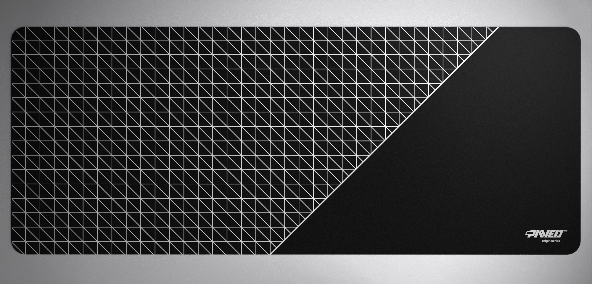 PAVED™ Origins Night Net Runner gaming mousepad featuring minimalistic dense geometric net pattern in white and black, available in XXL 1000mm x 400mm and M 360mm x 320mm sizes, right-handed and left-handed variants, water-resistant hydrophobic antimicrobial polyester surface with easy-to-clean finish and odour-free AreoFlex microruber base, 600% lighter than traditional mousepads.